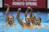 FILE - The United Staes team, including Bill May, front left, compete in the team acrobatic of artistic swimming at the World Swimming Championships in Fukuoka, Japan, Saturday, July 15, 2023. May might become the first man to compete in artistic swimming at an Olympics. May, 45, who lives in California, will find out Friday if he is picked by a five-person panel to represent the United States at the Paris Games in the team event for the sport that used to be called synchronized swimming. (AP Photo/Nick Didlick, File)