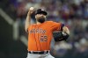 FILE - Houston Astros starting pitcher Jose Urquidy throws during the first inning in Game 4 of the baseball American League Championship Series against the Texas Rangers, Oct. 19, 2023, in Arlington, Texas. The Astros still are not ready to say whether starter Urquidy is done for the season amid reports that a second Tommy John surgery is possible. (AP Photo/Julio Cortez, File)