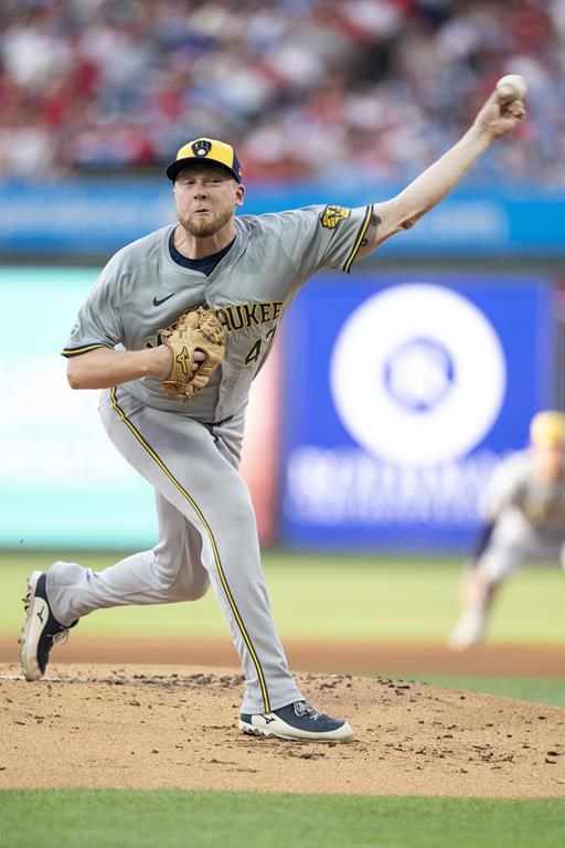 Milwaukee Brewers starting pitcher Jared Koenig delivers during the first inning of a baseball game against the Philadelphia Phillies, Monday, June 3, 2024, in Philadelphia. (AP Photo/Chris Szagola)