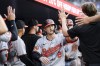 Baltimore Orioles outfielder Austin Hays (21) celebrates teammates after hitting a two-run home run during the fourth inning AL MLB action against the Toronto Blue Jays in Toronto on Monday, June 3, 2024. THE CANADIAN PRESS/Christopher Katsarov