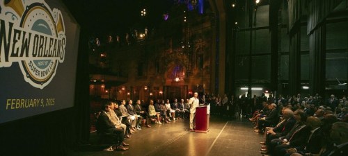Louisiana Gov. Jeff Landry speak a news conference at the Saenger Theater in New Orleans, Tuesday, June 4, 2024, about New Orlean's preparations for hosting NFL football's Super Bowl. (John McCusker/The Times-Picayune/The New Orleans Advocate via AP)