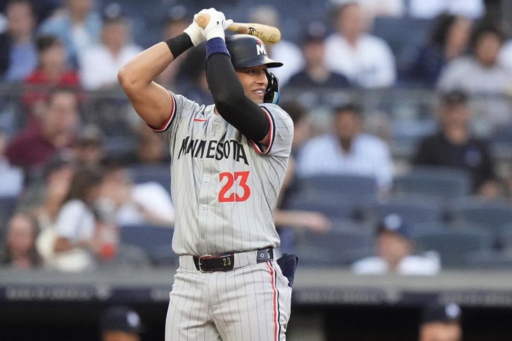 Minnesota Twins' Royce Lewis bats during the first inning of the team's baseball game against the New York Yankees, Tuesday, June 4, 2024, in New York. Like many infielders of his generation, Lewis grew up idolizing Yankees shortstop Derek Jeter. So to honor the Hall of Famer, the top pick in the 2017 amateur draft planned to imitate Jeter's batting stance for one pitch his first time up Tuesday night. (AP Photo/Frank Franklin II)