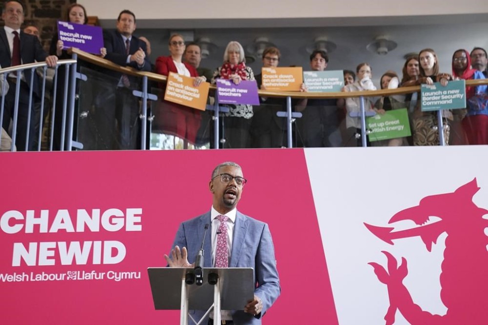 First Minister of Wales Vaughan Gething speaks at the launch of Labour's six steps for change in Wales at the Priory Centre in Abergavenny, Wales, Thursday, May 30, 2024, while on the General Election campaign trail. The leader of Wales’ semi-autonomous government faces a no-confidence vote in the Welsh parliament on Wednesday, June 5, 2024, but does not plan to resign if he loses, his party said. (Stefan Rousseau/PA via AP)