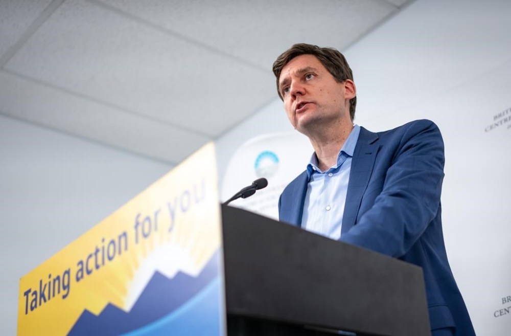 B.C. Premier David Eby speaks during a news conference about improving access to mental-health and addiction care for people in the Downtown Eastside in Vancouver, on Friday, May 31, 2024. British Columbia has announced the appointment of a chief scientific adviser to address a