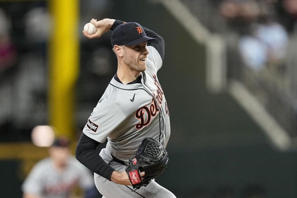 Detroit Tigers pitcher Joey Wentz throws to a Texas Rangers batter during the first inning of a baseball game Wednesday, June 5, 2024, in Arlington, Texas. (AP Photo/Tony Gutierrez)