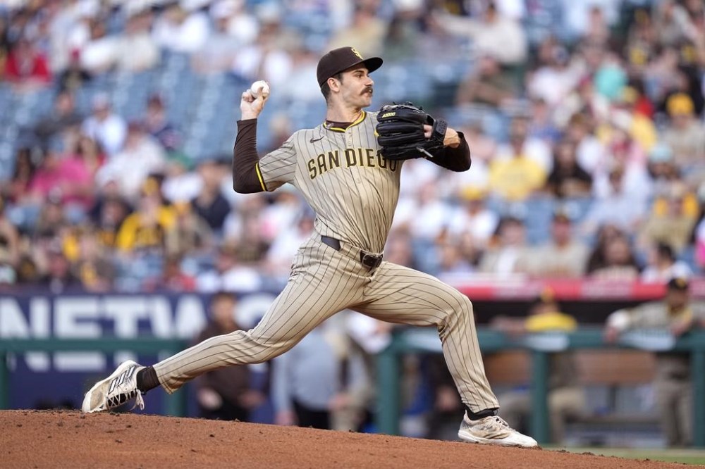 San Diego Padres starting pitcher Dylan Cease throws to the plate during the first inning of a baseball game against the Los Angeles Angels Wednesday, June 5, 2024, in Anaheim, Calif. (AP Photo/Mark J. Terrill)