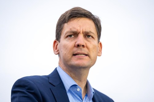 B.C. Premier David Eby speaks at an announcement for a new hospital and cancer facility in Surrey B.C. on Tuesday, Sept. 12, 2023. Eby says the province will be replacing its fleet of air ambulance planes by the fall of next year. THE CANADIAN PRESS/Ethan Cairns