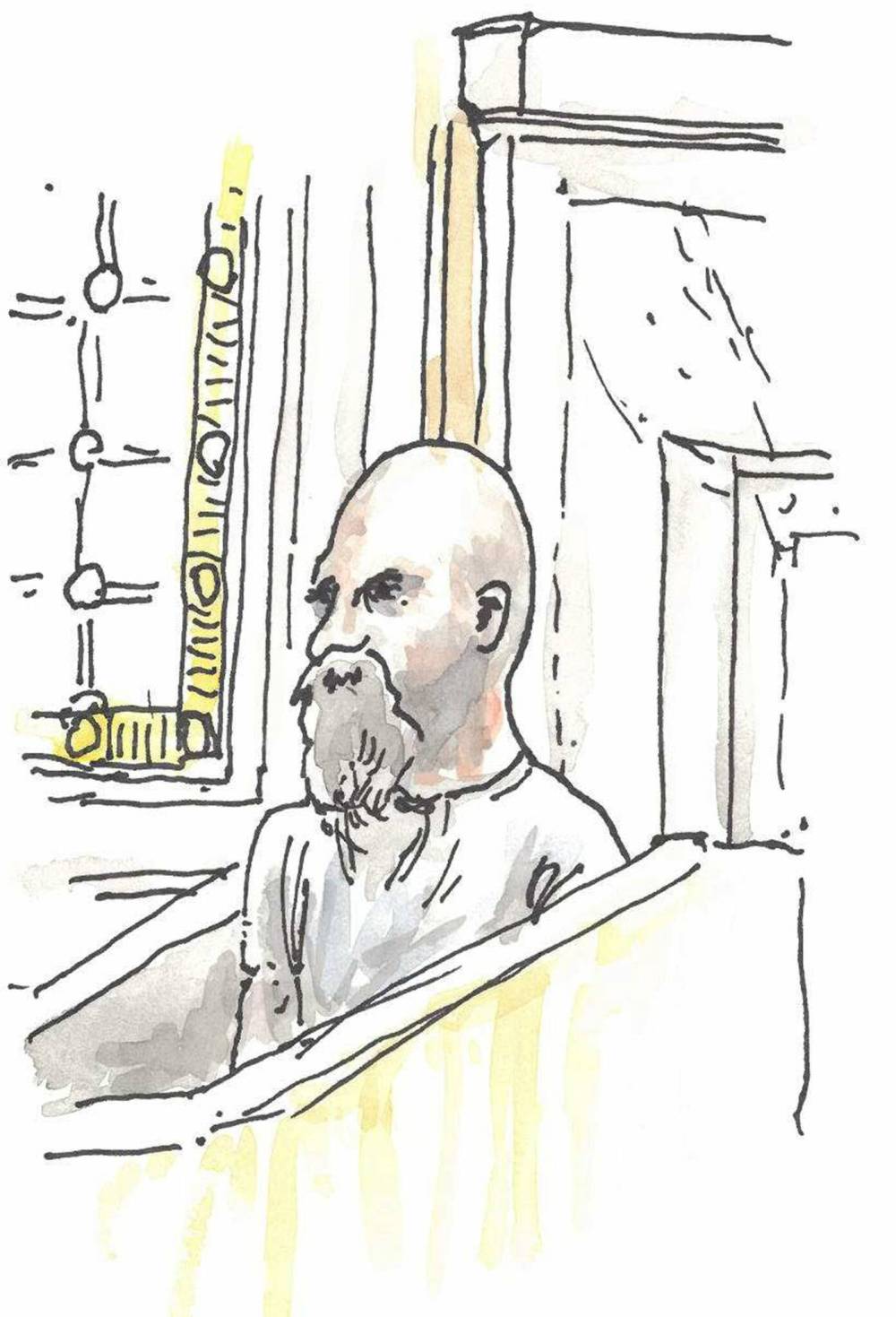 Jeremy Skibicki in court Monday.  (Illustration by James Culleton)