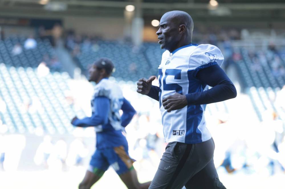 RUTH BONNEVILLE / FREE PRESS
Milt Stegall dusted off his No. 85 jersey for the first time since retiring in 2008 to participate on Day 1 of Winnipeg Blue Bombers rookie camp Wednesday at Princess Auto Stadium.