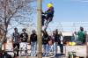 MIKE DEAL / FREE PRESS
                                Halie Garlinski, a grade 9 student from the Dauphin Regional Comprehensive Secondary School, takes part in the Powerline technician climbing station organized by Manitoba Hydro at the Manitoba Construction Career Expo at the Red River Exhibition Place, Wednesday.