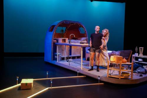 Supplied
                                The set is lit by a backdrop that changes colour to foretell mood, part of the clever work of The Outside Inn&rsquo;s lighting designer Ingrid Risk.