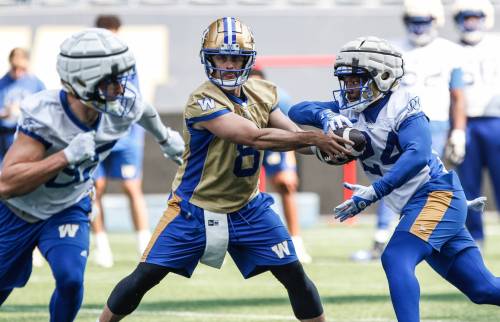 JOHN WOODS / FREE PRESS
Quarterback Zach Collaros (8) at Winnipeg Blue Bomber training camp in Winnipeg Sunday, May 12, 2024.