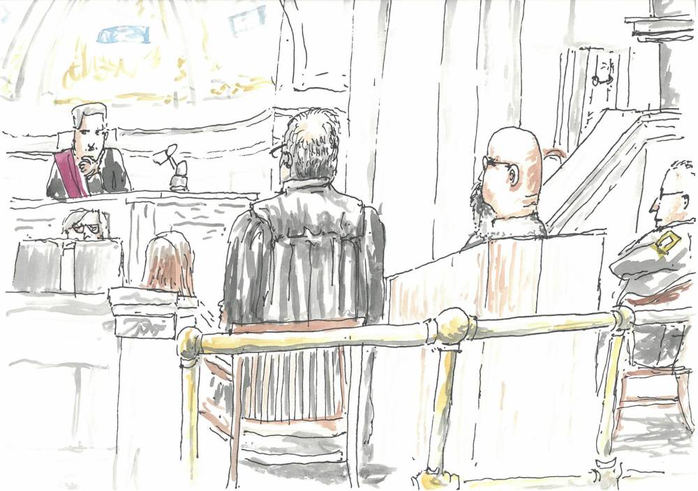 JAMES CULLETON ILLUSTRATION
King’s Branch Justice Glenn Joyal oversees the trial of Jeremy Skibicki last week.