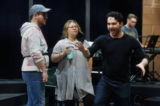 Merrily We Roll Along tells the stories of three show business dreamers, played by (from left) Alex Menec, Jillian Willems and Josh Bellan. (Mike Deal / Free Press)