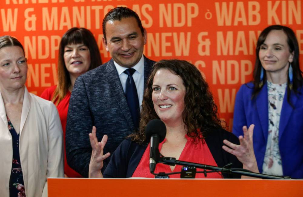 JOHN WOODS / FREE PRESS
Carla Compton, the NDP candidate for the Tuxedo byelection, speaks to media after Premier Wab Kinew introduced her to party supporters Monday.