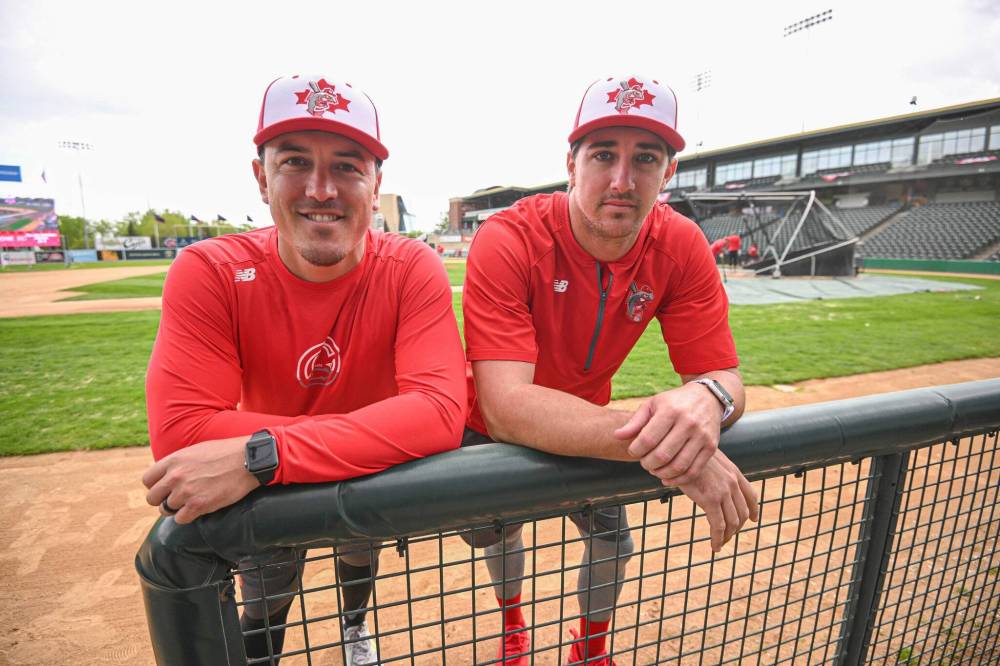MIKE SUDOMA / FREE PRESS
                                Goldeyes manager Logan Watkins (left) and pitcher Zac Reininger first met in 2017 playing double-A ball for the Erie Seawolves.