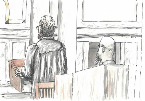 Court sketch by James Culleton - opening of accused serial killer Jeremy Skibicki&rsquo;s trial Monday