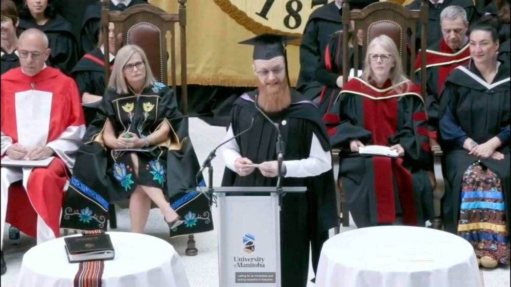 FACEBOOK
University of Manitoba college of medicine valedictorian Gem Newman calls for a ceasefire in Palestine during a 10-minute speech at the Max Rady College of Medicine’s convocation ceremony Thursday afternoon.