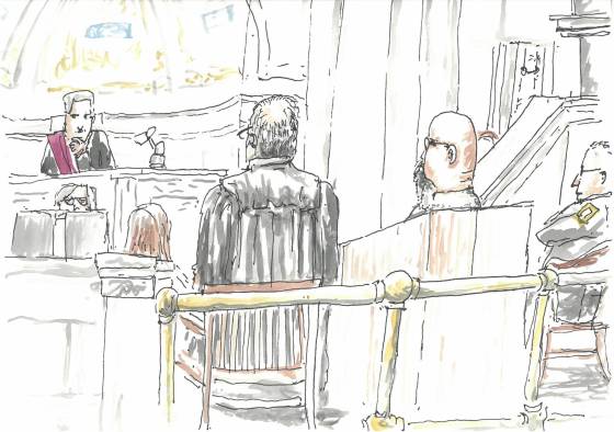 King’s Branch Justice Glenn Joyal oversees accused serial killer Jeremy Skibicki’s trial. (Court sketch by James Culleton)