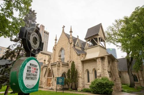 BROOK JONES / FREE PRESS
Holy Trinity Church at 256 Smith St. in Winnipeg, Man., that was built in 1983-84 as a long cruciform-shaped stone structure is pictured Friday, May 24, 2024.