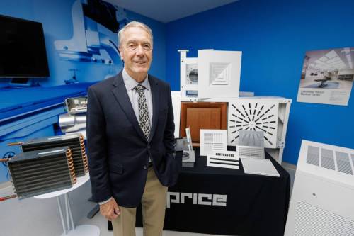 MIKE DEAL / FREE PRESS
                                Gerry Price, founder and CEO of Price Industries, with a collection of the company&rsquo;s air distribution products and technologies in one of the labs located in the Price Research Centre North at 638 Raleigh Street. Price is receiving the U of M&rsquo;s big IDEA award. Price Industries, headquartered in Winnipeg, is a $1.2 billion company that employs about 4,500 people in about a dozen plants around the world. 240528 - Tuesday, May 28, 2024.