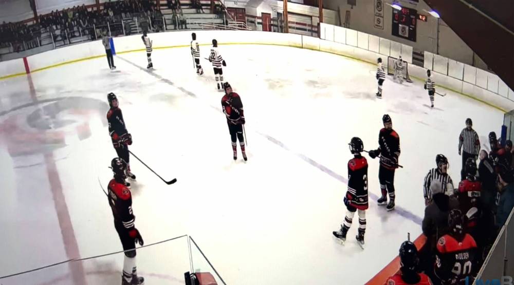 SUPPLIED
Video released in court shows officials speaking to coaches and players on the St. Vital Bruins bench during a playoff game in March 2023.