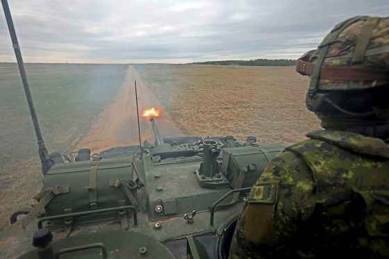 Soldiers with 2nd Battalion, Princess Patricia's Canadian Light Infantry Alpha company fire the 25mm cannon on a LAV 6 armoured fighting vehicle while taking part in live-fire training at the CFB Shilo range on Monday.  See more photos from the exercise.