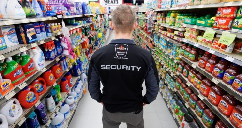 MIKE DEAL / FREE PRESS ILLUSTRATION 
An Impact Security guard walks down a grocery isle.
240531 - Friday, May 31, 2024.