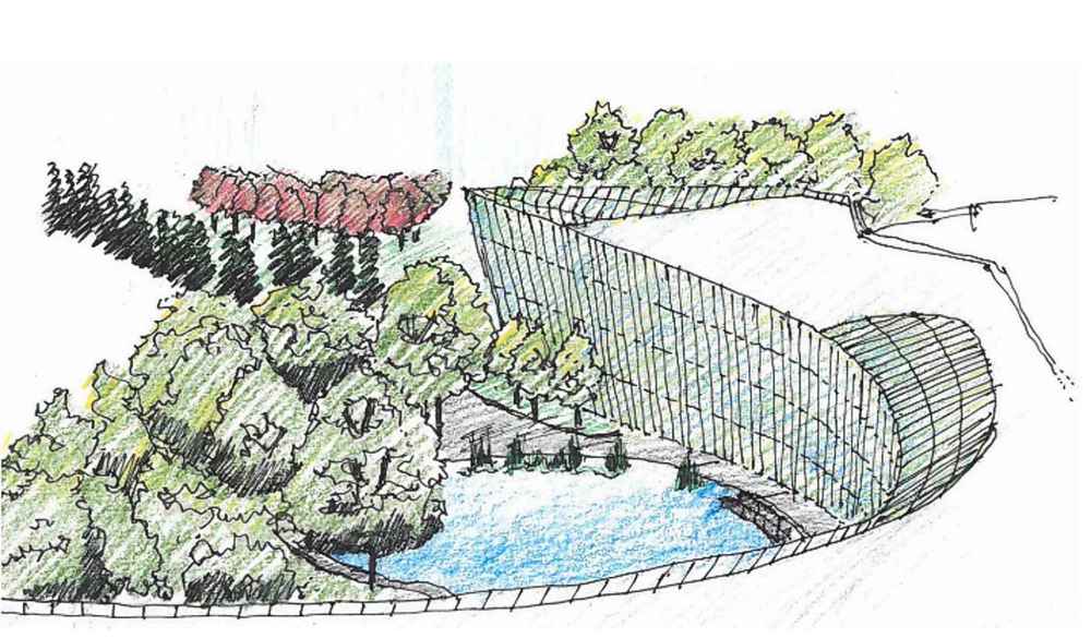 An aerial view of the garage facing north towards Oak Point Highway. (Supplied rendering)