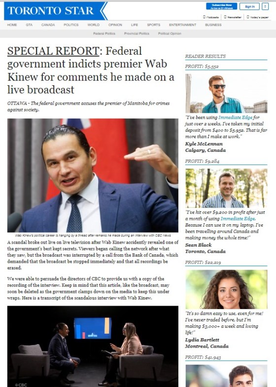 The Facebook ad points to a fake news story on a website that falsely identifies itself as the Toronto Star. (Screenshot)