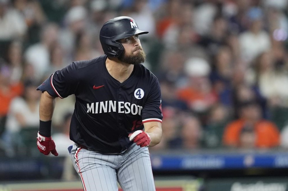 Minnesota Twins' Alex Kirilloff watches his RBI double against the Houston Astros during the second inning of a baseball game Sunday, June 2, 2024, in Houston. (AP Photo/David J. Phillip)