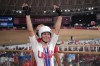 FILE - Jennifer Valente of Team United States celebrates after winning the track cycling women's omnium points race at the 2020 Summer Olympics, Sunday, Aug. 8, 2021, in Izu, Japan. Valente upset the favored British team in the multi-discipline omnium on the track in Tokyo. (AP Photo/Christophe Ena, File)