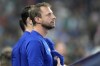 Texas Rangers pitcher Max Scherzer stands in the dugout during the seventh inning of a baseball game against the Miami Marlins, Sunday, June 2, 2024, in Miami. (AP Photo/Lynne Sladky)