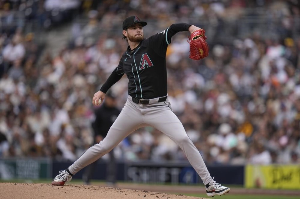 Arizona Diamondbacks starting pitcher Ryne Nelson works against a San Diego Padres batter during the second inning of a baseball game Saturday, June 8, 2024, in San Diego. (AP Photo/Gregory Bull)