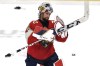 Florida Panthers goaltender Sergei Bobrovsky acknowledges the crowd after his team defeated the Edmonton Oilers in Game 1 of the NHL hockey Stanley Cup Finals, Saturday, June 8, 2024, in Sunrise, Fla. (AP Photo/Michael Laughlin)