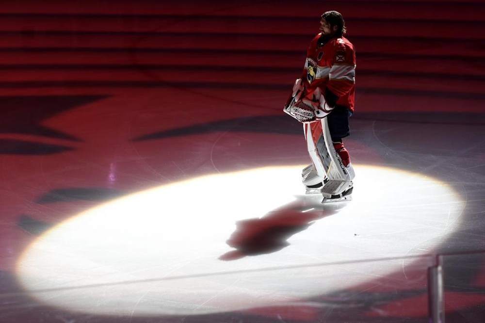 Florida Panthers goaltender Sergei Bobrovsky stands on the ice before Game 1 of the NHL hockey Stanley Cup Finals against the Edmonton Oilers Saturday, June 8, 2024, in Sunrise, Fla. (AP Photo/Michael Laughlin)