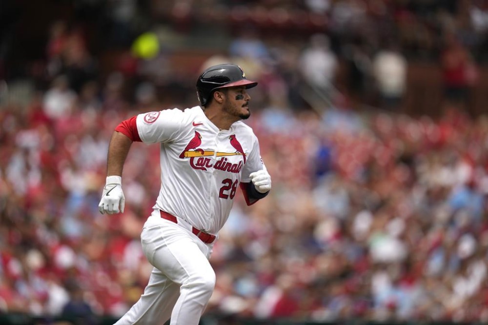 St. Louis Cardinals' Nolan Arenado singles during the first inning of a baseball game against the Colorado Rockies Sunday, June 9, 2024, in St. Louis. (AP Photo/Jeff Roberson)