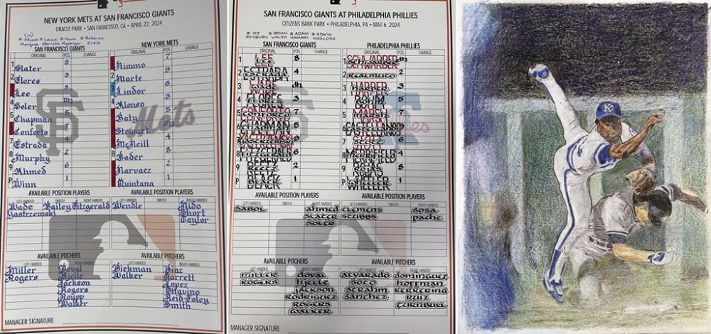 These images provided by San Francisco Giants baseball coach Ryan Christenson show lineup cards and a drawing showing Frank White turning a double play.