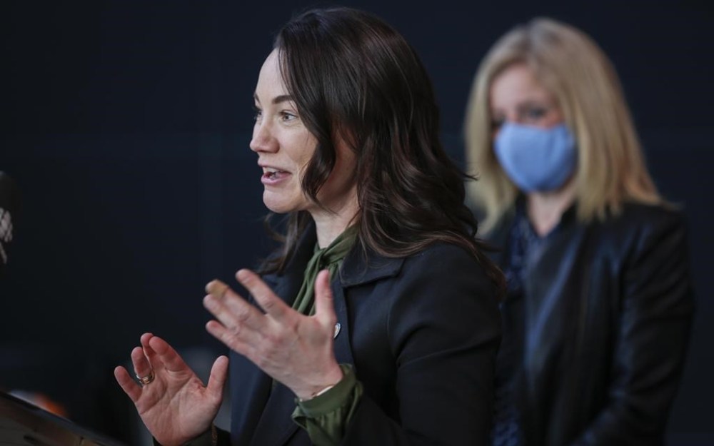 Alberta New Democrat MLA Shannon Phillips is expected to detail why she's stepping down before finishing her third term in office. Phillips speaks during an announcement in Calgary, Alta., Monday, March 15, 2021. THE CANADIAN PRESS/Jeff McIntosh