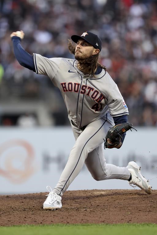 Houston Astros pitcher Spencer Arrighetti throws against the San Francisco Giants during the fifth inning of a baseball game in San Francisco, Monday, June 10, 2024. (AP Photo/Jed Jacobsohn)