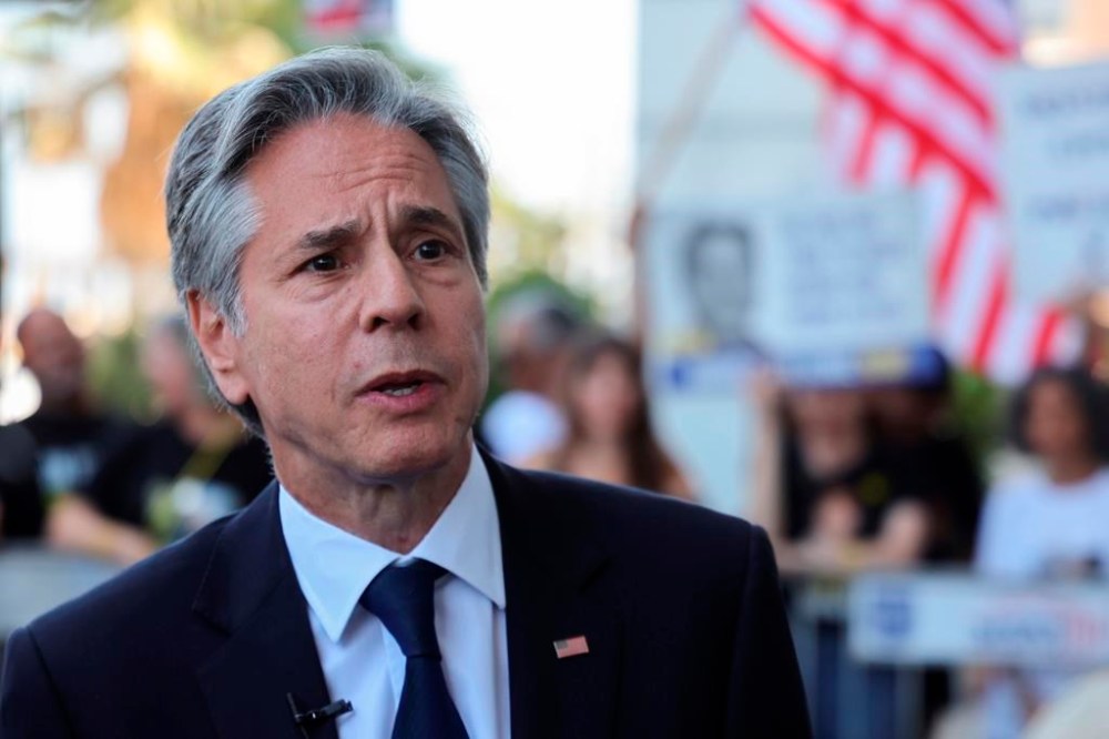 U.S. Secretary of State Antony Blinken speaks to the media as after meeting with families and supporters of Israelis held hostage by Hamas in Gaza, during his visit to Tel Aviv, Israel, Tuesday, June 11, 2024. (Jack Guez, Pool Photo via AP)