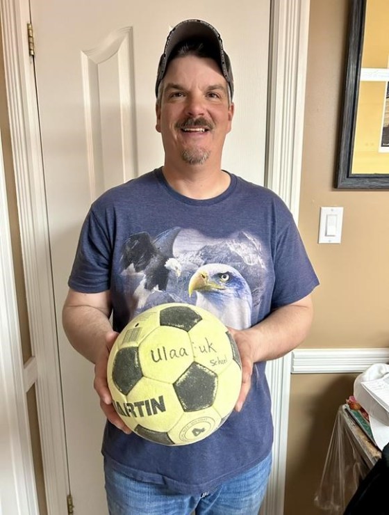 Lee Crouche found a soccer ball on a beach in Newfoundland that appears to be from a school in Pond Inlet, Nvt. (Jane Croucher photo)