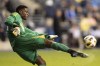 Toronto FC's Sean Johnson in action during the MLS soccer match against the Philadelphia Union, in Chester, Pa., Wednesday, May 29, 2024. THE CANADIAN PRESS/AP-Chris Szagola