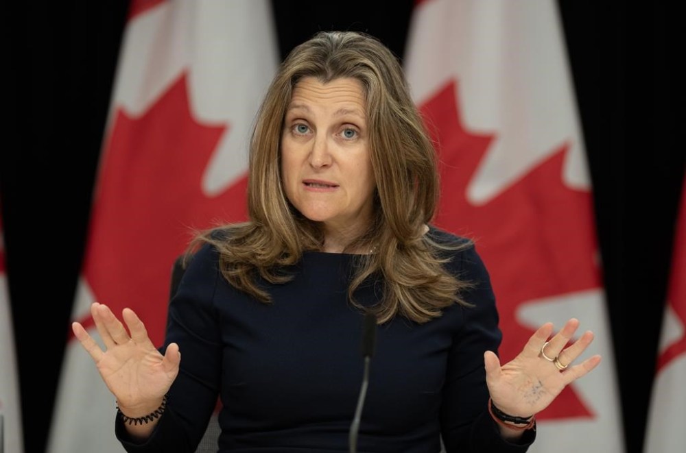 Deputy Prime Minister and Minister of Finance Chrystia Freeland responds to a question from a reporter during a news conference, Tuesday, June 11, 2024 in Ottawa. THE CANADIAN PRESS/Adrian Wyld