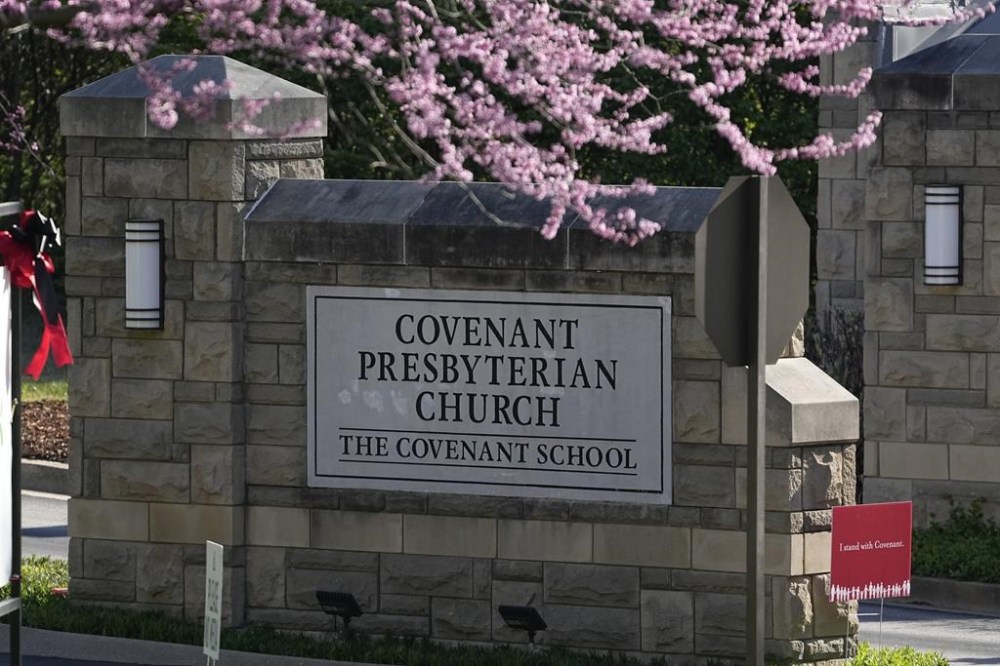 FILE - The entrance to the Covenant School is seen on the one-year anniversary of a mass shooting, March 27, 2024, in Nashville, Tenn. On Monday, June 11, 2024, a Tennessee judge ordered Star News Digital Media, a conservative media organization, and editor-in-chief Michael Leahy to appear in court over its publishing details from allegedly leaked documents about the 2023 Nashville school shooting, while the outlet sues for the same kind of records to be released to the public. (AP Photo/George Walker IV, File)