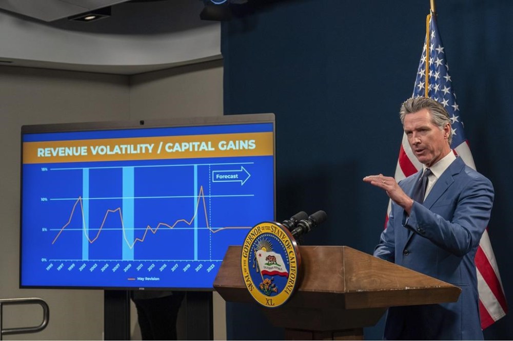 FILE - California Gov. Gavin Newsom speaks about the state's budget deficit in Sacramento, Calif., on Friday, May 10, 2024. Newsom has proposed to cancel a plan to increase how much the state pays doctors to treat patients on Medicaid. But voters could have the final word as a measure that qualified for the November ballot would force the state to pay doctors more for treating Medicaid patients. (AP Photo/Rich Pedroncelli, File)