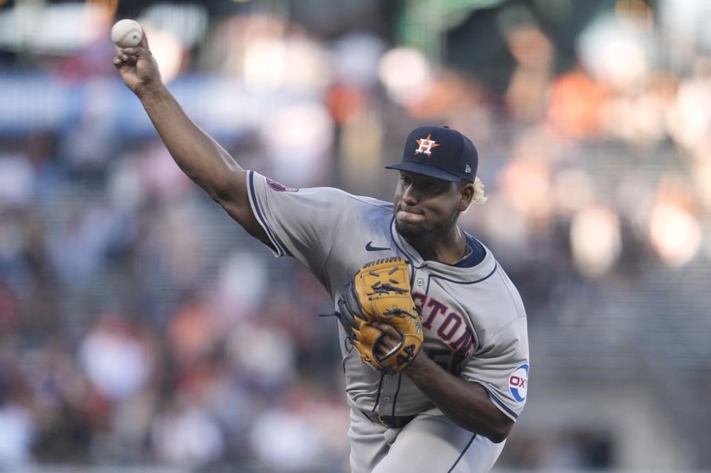 Houston Astros pitcher Ronel Blanco works against the San Francisco Giants during the first inning of a baseball game in San Francisco, Tuesday, June 11, 2024. (AP Photo/Jeff Chiu)