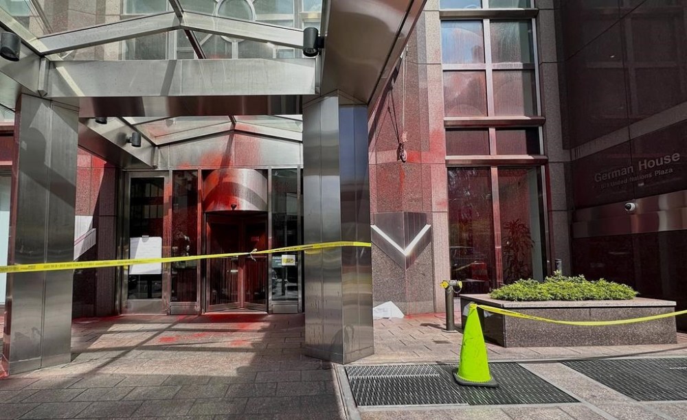 Red paint covers portions of the entrance to the German consulate building, Wednesday, June 12, 2024, in New York. Pro-Palestinian protesters have vandalized locations associated with the Brooklyn Museum and United Nations in New York City, throwing red paint across their entrances in opposition to the ongoing war between Israel and Hamas in Gaza. (AP Photo/Sophie Rosenbaum)