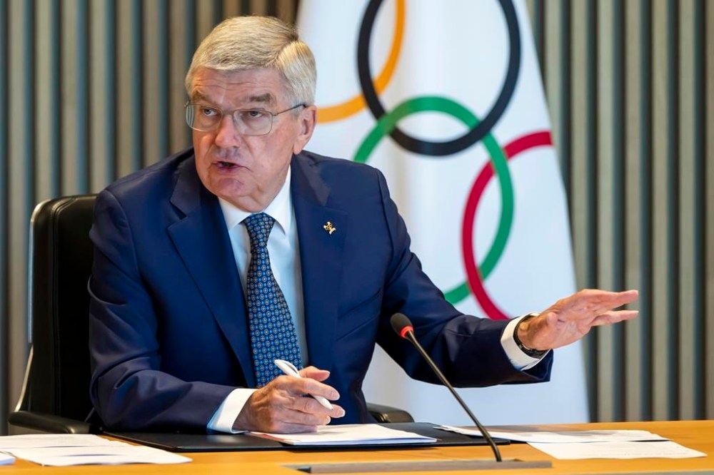 International Olympic Committee (IOC) President Thomas Bach speaks at the opening of the executive board meeting of the International Olympic Committee (IOC), at the Olympic House, in Lausanne, Switzerland, Wednesday, June 12, 2024. (Martial Trezzini/Keystone via AP)