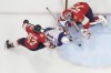 Edmonton Oilers left wing Zach Hyman (18) attempts a shot against Florida Panthers goaltender Sergei Bobrovsky (72) and defenseman Brandon Montour (62) during the second period of Game 2 of the Stanley Cup Finals, Monday, June 10, 2024, in Sunrise, Fla. (AP Photo/Wilfredo Lee)